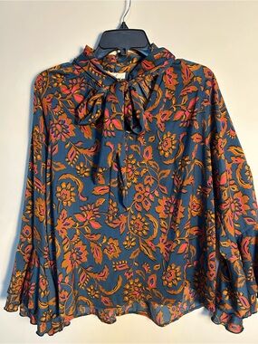 easel Teal Floral Bow-Neck Blouse with Pink & Orange Accents
